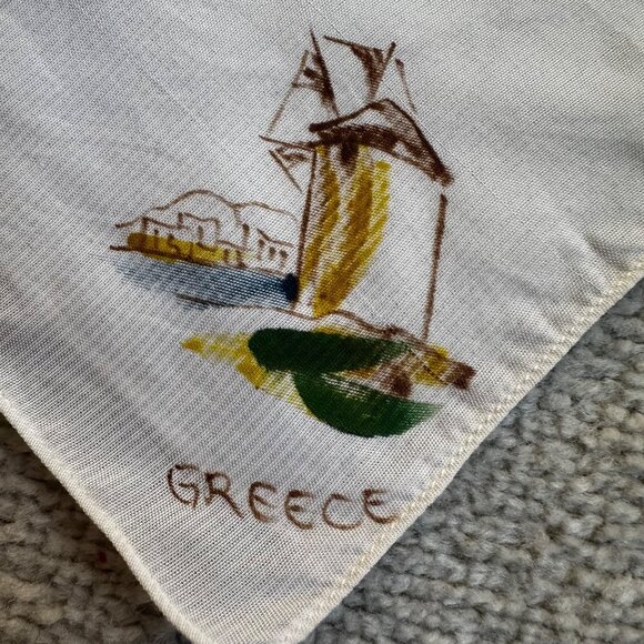 Vintage 60s Silk Hand-Painted Handkerchiefs from Greece Greek Figures Tableau - Picture 5 of 6